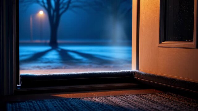 Wide shot of a chilly evening scenario where a draft stopper is installed to enhance thermal comfort inside through an exterior door.