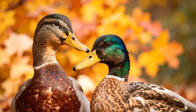 Two ducks facing each other in autumn