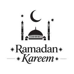 Elegant Ramadan Kareem Typography with Mosque, Crescent Moon, Stars, and Ornaments. 