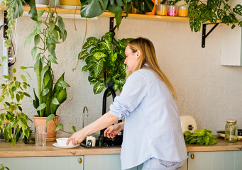 Young woman washing dishes at home in kitchen. Household and home hygiene routine.