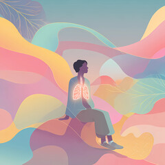 Calm breathing a character sitting with glowing lungs