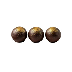 Three gourmet spherical dark chocolate truffles, dusted with shimmering edible gold flakes, precisely arranged on a small white ceramic plate, isolated on a transparent background, commercial food