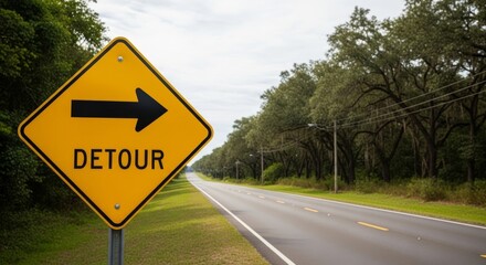 Yellow detour sign with arrow on the side of the road.