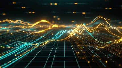 Abstract data visualization with glowing lines representing financial trends and market analysis on a dark background
