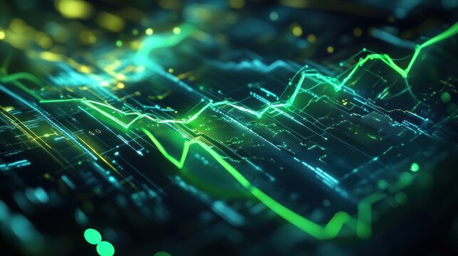 Abstract glowing green line graph overlaying a circuit board design background