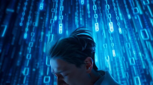 Individual experiencing intense psychological strain amid cascading digital environment. Person covers ears, mouth open in silent scream, surrounded by complex binary code patterns