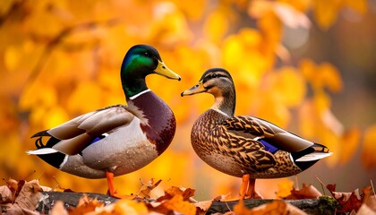 Two ducks in autumn leaves (1)