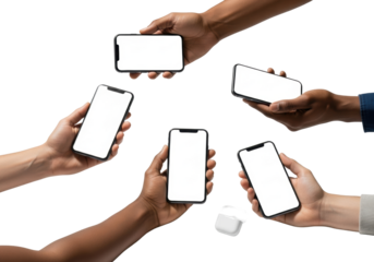 Diverse adult hands holding sleek dark smartphones with blank screens; white wireless earbuds, isolated on seamless transparent background. Concept of modern digital inclusivity.