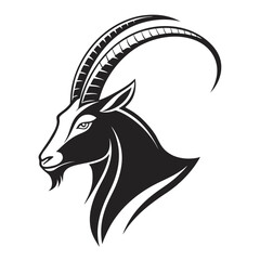 Fototapeta premium Stylized black and white profile of a goat head with large horns