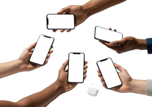 Diverse adult hands holding sleek dark smartphones with blank screens; white wireless earbuds, isolated on seamless transparent background. Concept of modern digital inclusivity.