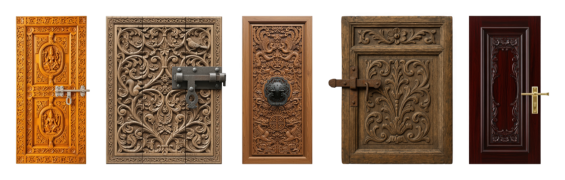 Carved wooden door set including ornate, cultural, rustic, and modern styles isolated. Architecture and interior design collection.
