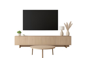 Modern living room entertainment center with large television and decorative elements transparent background