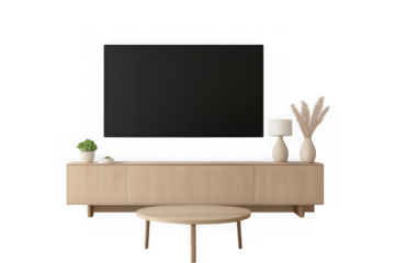 Modern living room entertainment center with large television and decorative elements transparent background