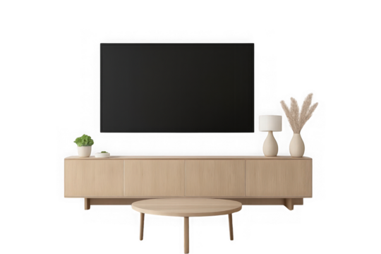 Modern living room entertainment center with large television and decorative elements transparent background