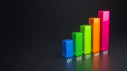 3D colorful bar chart labeled Q1–Q5 on dark background