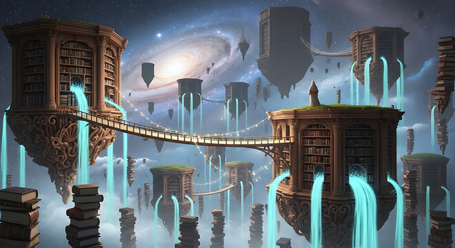 Ornate floating library islands with glowing blue waterfalls connecting bridges and stacked books.