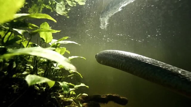 Underwater view of a large snake, possibly an anaconda, swimming in murky green water.