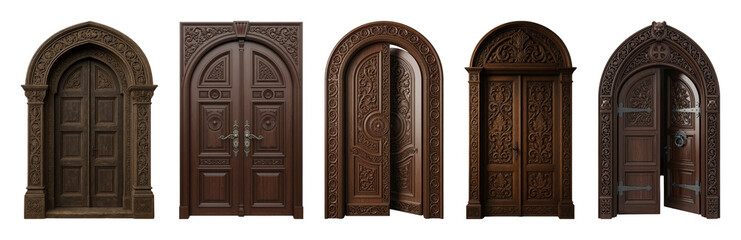 Ornate carved wooden door set including arched and rectangular, closed and open designs isolated. Grand entrance and architectural elements.