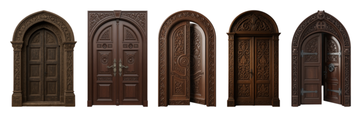 Ornate carved wooden door set including arched and rectangular, closed and open designs isolated. Grand entrance and architectural elements.