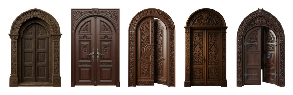 Ornate carved wooden door set including arched and rectangular, closed and open designs isolated. Grand entrance and architectural elements.