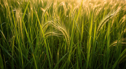 Obraz premium Vibrant green blades of grass gently sway in the golden light of the morning sun, creating a serene and picturesque natural background, symbolizing growth and tranquility