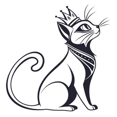 Stylized black and white illustration of a regal cat wearing a crown