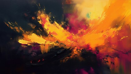fiery abstract painting with bold yellow red and orange brush strokes against deep black background perfect for wallpaper or banner design