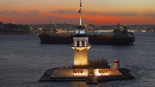 New Maiden's Tower (Kız Kulesi) and Classical Istanbul Bosphorus Drone Video, Uskudar Istanbul, Turkiye (Turkey)