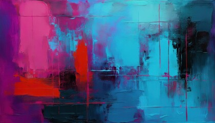 vivid abstract painting with bold turquoise pink and red blocks blending into textured brush strokes for modern wallpaper or banner background