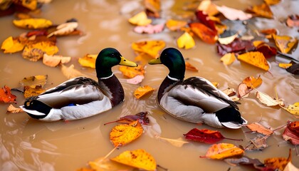 Two ducks on a pond in autumn