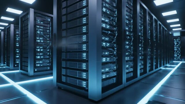 Long Blue Hallway of computer server racks in a data center with glowing blue lines on the floor.