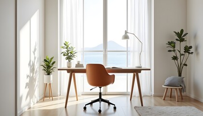 The minimalist room features a sleek desk and chair positioned near a large window allowing ample sunlight to flood the modern workspace
