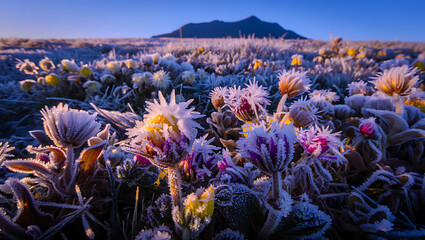 Delicate frost crystals adorn wild flowers at sunrise, with a mountain silhouette in the background