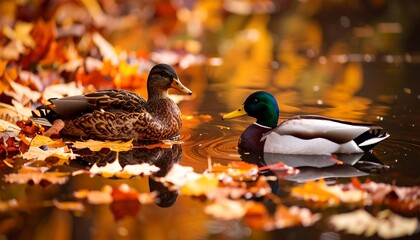 Two ducks on autumnal pond