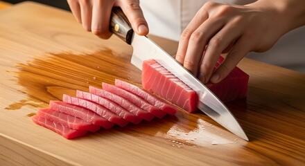 Obraz premium A chef's hands expertly slicing fresh red tuna into thin pieces on a wooden cutting board, preparing for sushi or sashimi.