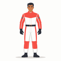 Full body illustration of a dark-skinned man in a racing suit, standing confidently.