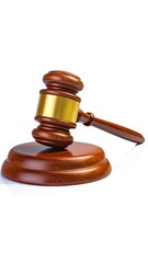 A polished wooden gavel rests on its base, showcasing a rich mahogany hue and a gold-toned band.
