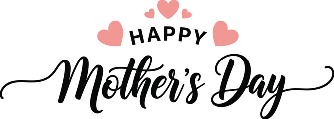 Happy Mothers Day Text with Pink Hearts in a Calligraphic Style on White Background