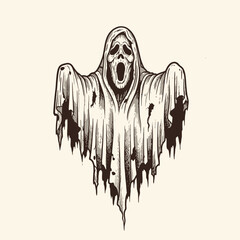 Terrifying ghostly apparition with tattered robes and screaming mouth illustration