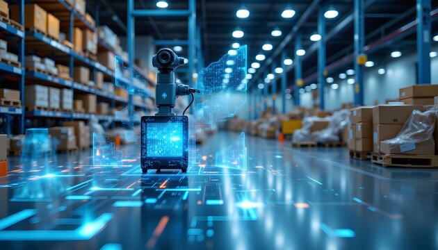 A smart warehouse equipped with transporter robots and a holographic dashboard allows for seamless and efficient inventory management by utilizing automated processes and real time data visualization. - Powered by Adobe