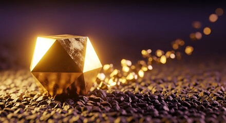 Golden Icosahedron Sculpture with Glowing Particles Trail
