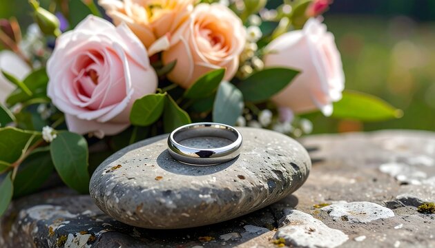 Wedding rings on a rock with flowers