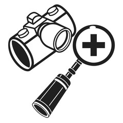 Camera with magnifying glass and zoom symbol icon