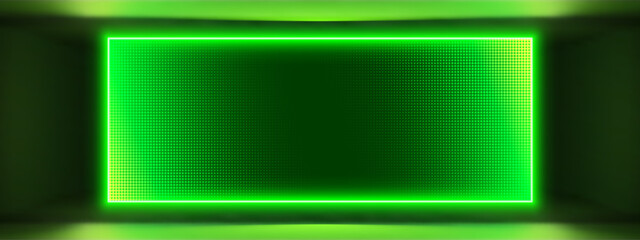 SMD LED green screen with RGB wall panel and LCD grid gradient effect. Digital pixel pattern glow texture entertainment background. Abstract electric flat light border for technology layout. © RDVector
