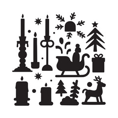  Set of Christmas Candle and element Silhouette Icons with Festive Holiday Designs.