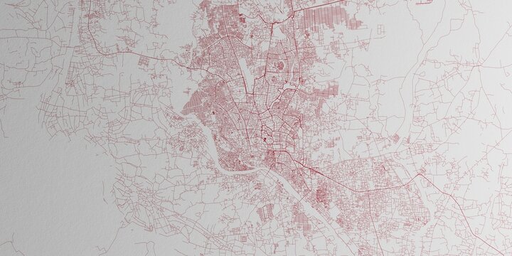 Dhaka (Bangladesh) street map. The style of the map is red ink