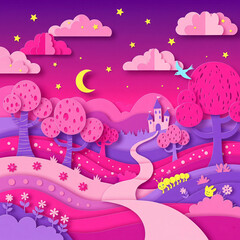 Magical Pink and Purple Paper Cut Fantasy Landscape: A whimsical scene with a winding path to a fairytale castle and starry night sky
