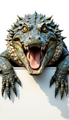 Fototapeta premium A ferocious crocodile or alligator looks over a blank sign. Isolated on white background.