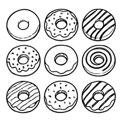 Set of nine hand drawn donuts with sprinkles and glaze. Black and white doodle vector illustration.