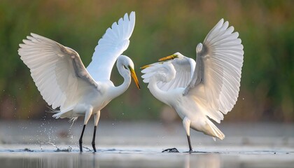 Two egrets in mid-air combat